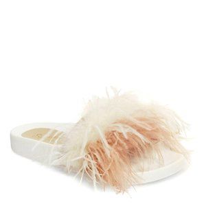 NEW Seychelles Women In Your Cap Feather Off White Blush Open Toe Slide Sandals